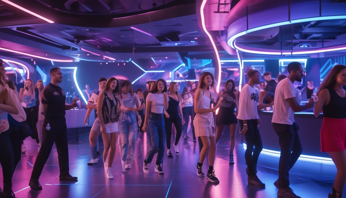 Sekelompok orang muda sedang menikmati malam di dalam klub malam yang ramai dengan pencahayaan warna-warni dan petugas keamanan terlihat menjaga suasana aman.