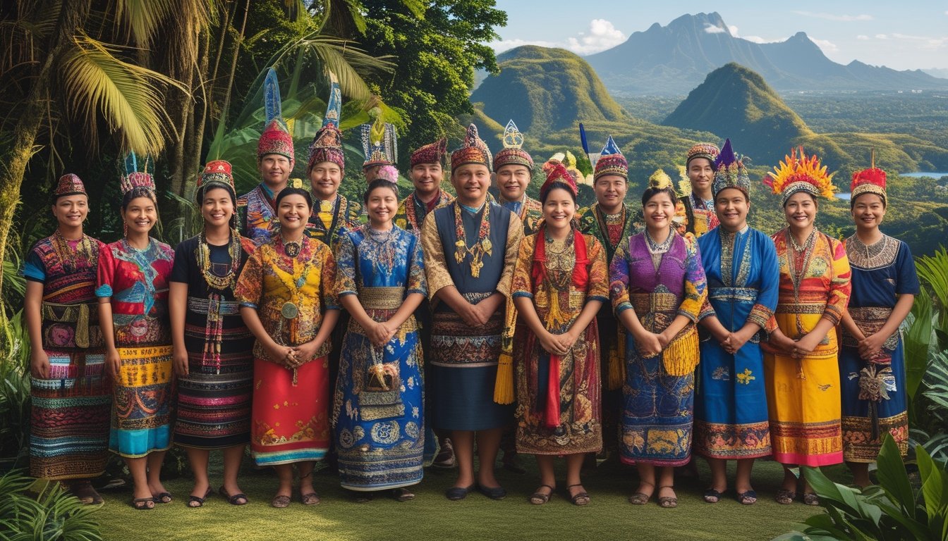 Sekelompok orang Indonesia mengenakan pakaian tradisional dari berbagai suku berdiri bersama di luar ruangan dengan latar pemandangan alam yang indah.