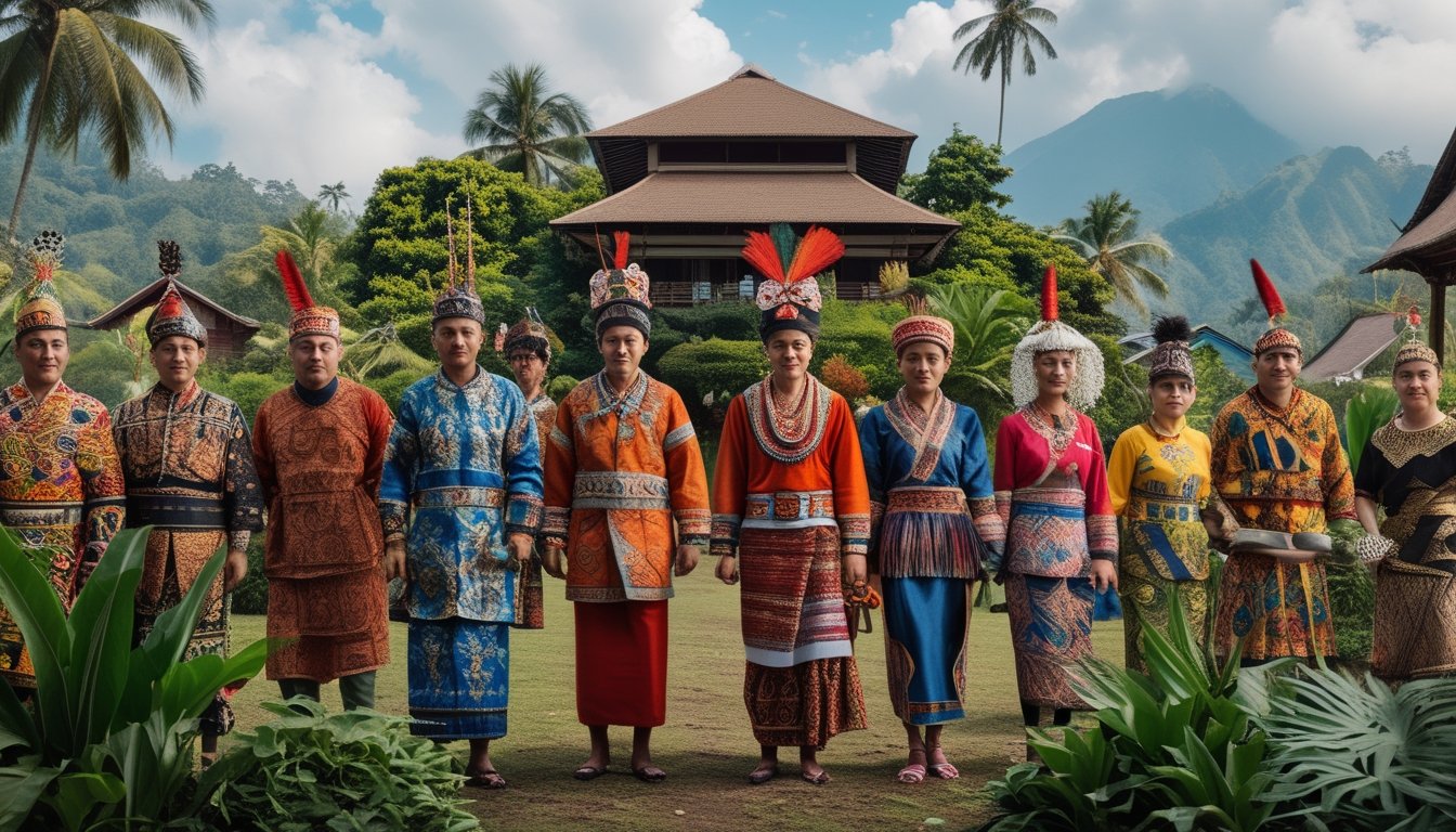 Sekelompok orang mengenakan pakaian adat dari berbagai suku di Indonesia dengan latar belakang pemandangan alam dan rumah tradisional.