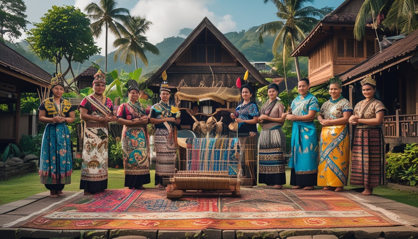 Sekelompok orang mengenakan pakaian adat Indonesia dari berbagai suku sedang berkumpul di luar ruangan dengan latar rumah tradisional dan pemandangan alam.