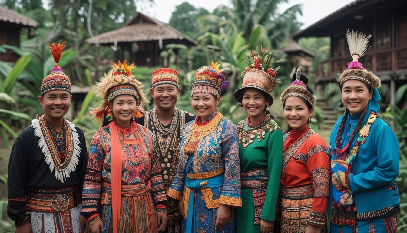 Sekelompok orang mengenakan pakaian adat tradisional dari berbagai suku di Indonesia berdiri bersama di luar ruangan dengan latar alam tropis.