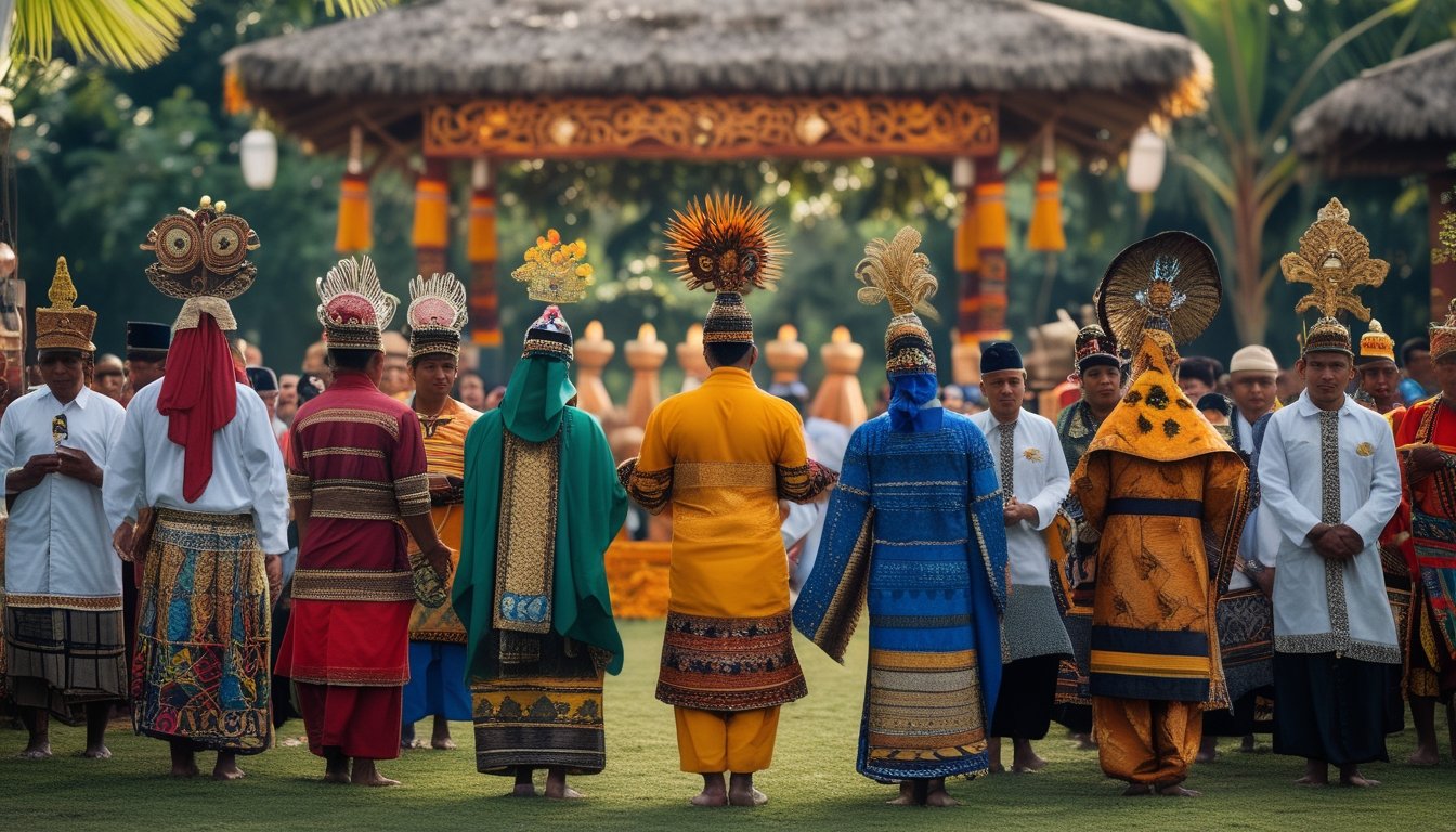 Sekelompok orang Indonesia mengenakan pakaian adat tradisional dari berbagai suku sedang melakukan upacara budaya di luar ruangan dengan latar belakang pepohonan tropis.