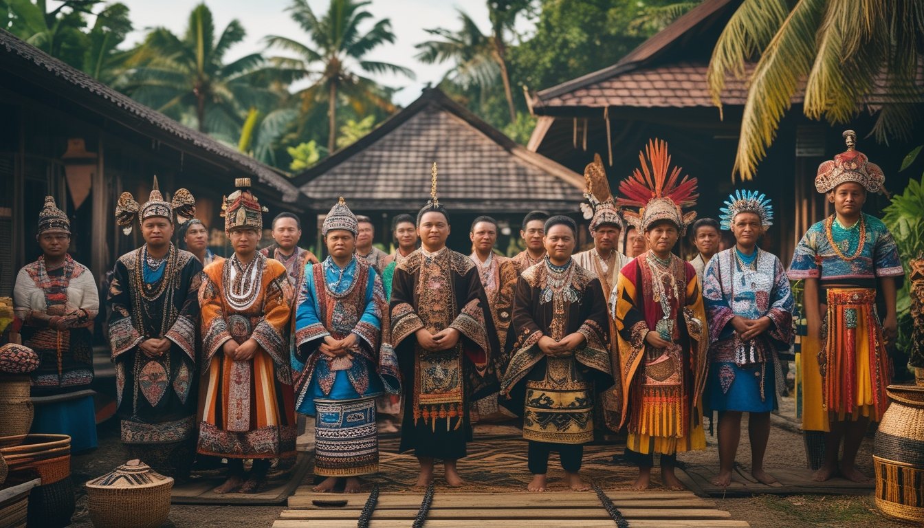 Sekelompok orang dari berbagai suku adat Indonesia mengenakan pakaian tradisional sedang mengikuti upacara adat di alam terbuka dengan latar pepohonan tropis dan rumah tradisional.