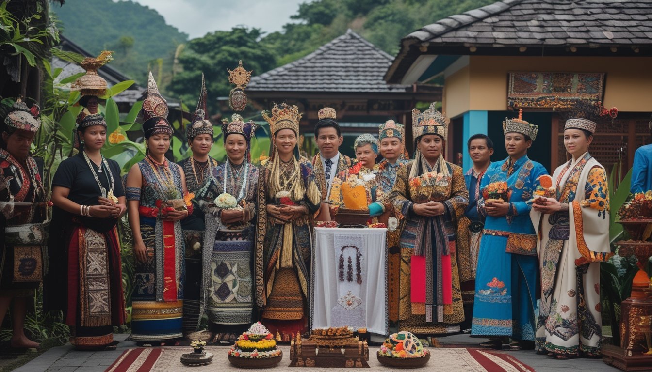 Beberapa orang mengenakan pakaian adat Indonesia yang beragam sedang mengikuti upacara pernikahan dan ritual adat di luar ruangan.