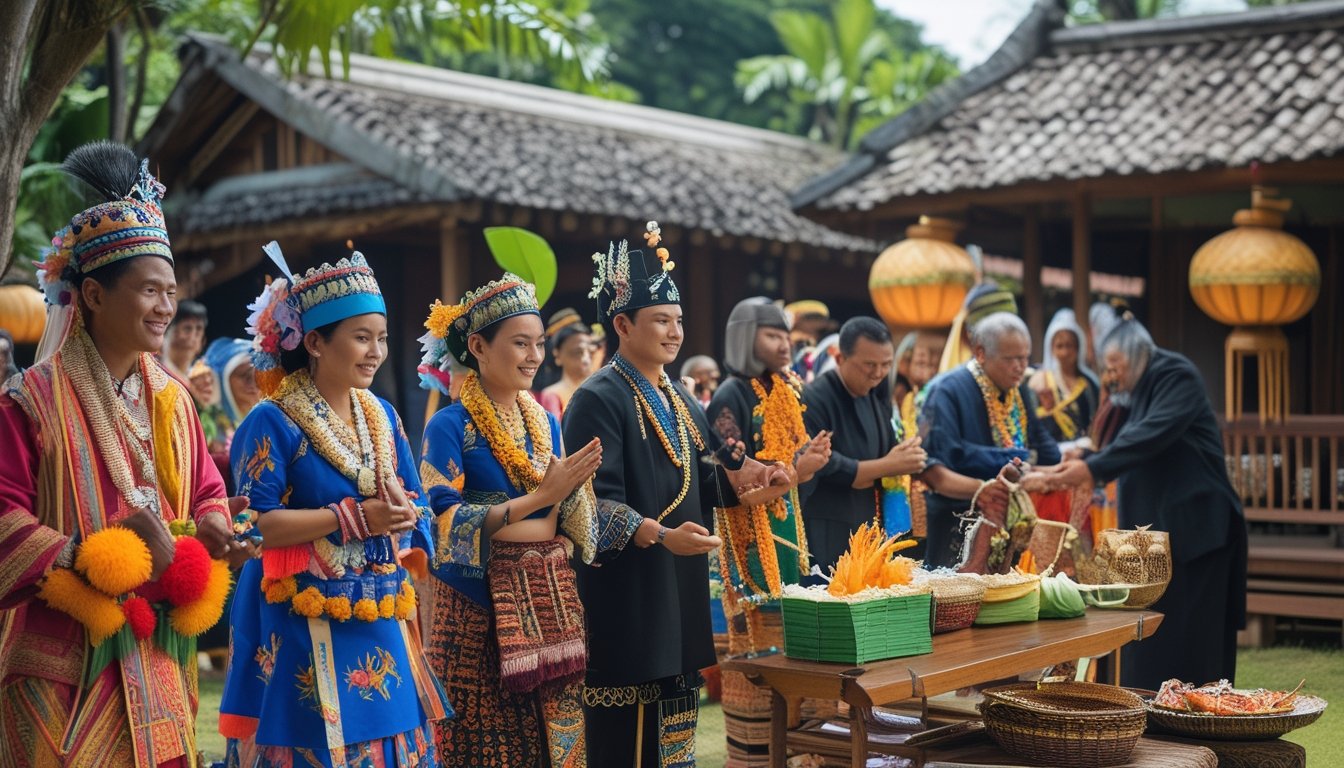 Orang-orang dari berbagai suku di Indonesia mengenakan pakaian adat sedang melakukan upacara pernikahan dan ritual tradisional di luar ruangan.