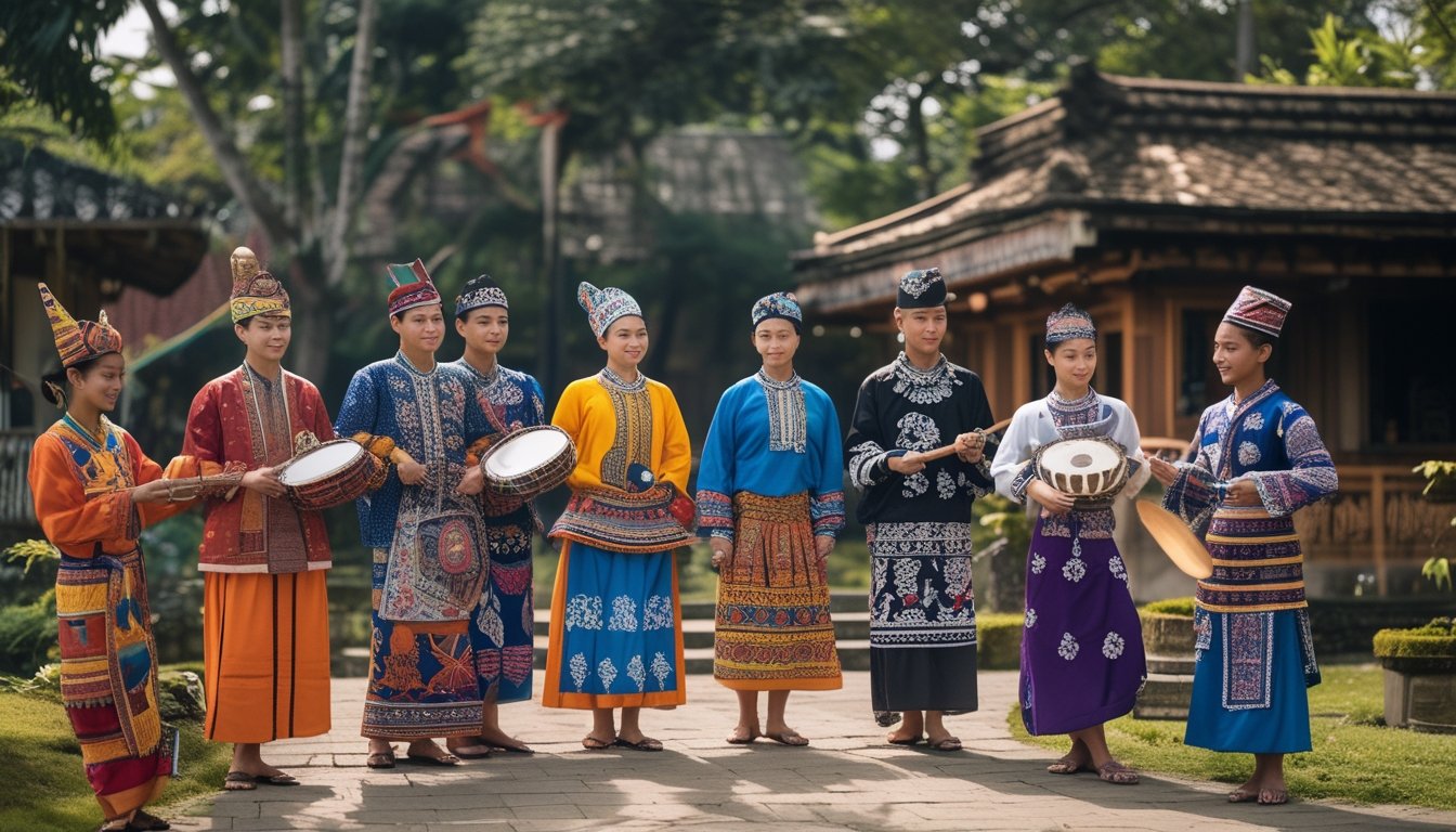 Sekelompok pemuda Indonesia mengenakan pakaian adat dari berbagai suku, sedang melakukan aktivitas budaya di luar ruangan dengan latar belakang alam dan bangunan tradisional.