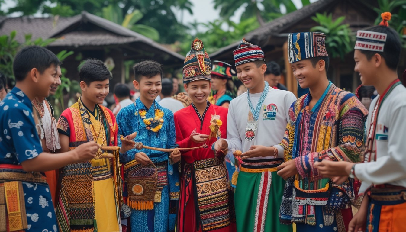 Sekelompok pemuda Indonesia mengenakan pakaian adat berbagai suku sedang berkumpul di luar ruangan dengan latar belakang alam tropis dan rumah tradisional.