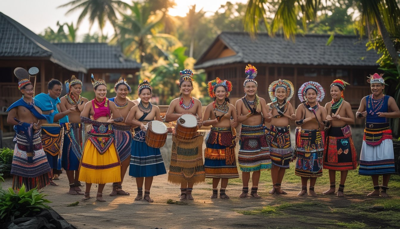 Sekelompok orang Indonesia mengenakan pakaian adat dari berbagai suku sedang beraktivitas budaya di luar ruangan dengan latar belakang rumah tradisional dan pepohonan hijau.