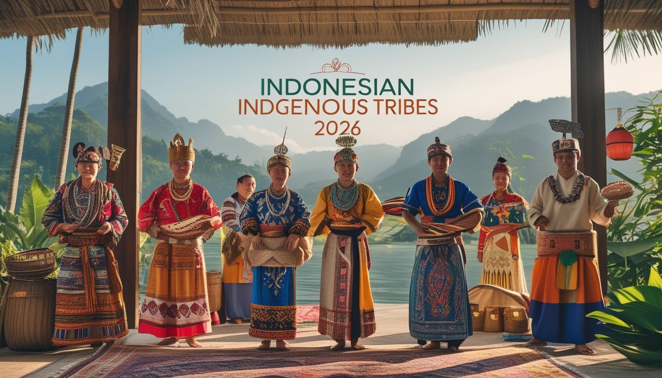 Sekelompok orang dari berbagai suku di Indonesia mengenakan pakaian adat tradisional, berkumpul di luar ruangan dengan latar alam tropis yang indah.