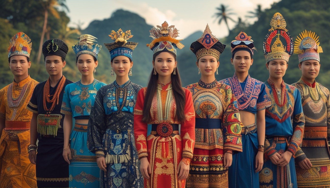 Sekelompok orang mengenakan pakaian adat tradisional dari Jawa, Sumatera, Kalimantan, Sulawesi, dan Papua sedang berdiri bersama di luar ruangan.