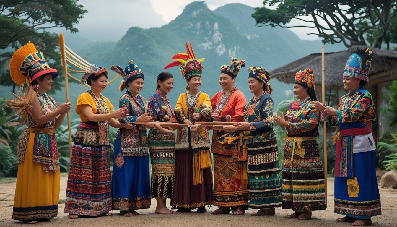 Sekelompok orang dari berbagai suku di Indonesia mengenakan pakaian adat khas masing-masing sedang berkumpul di luar ruangan, menunjukkan keberagaman budaya dan tradisi.