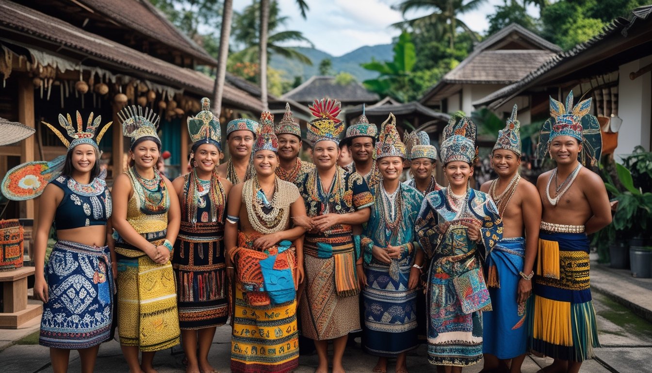 Sekelompok orang dari berbagai suku di Indonesia mengenakan pakaian adat tradisional dengan latar belakang rumah tradisional dan suasana alam tropis.