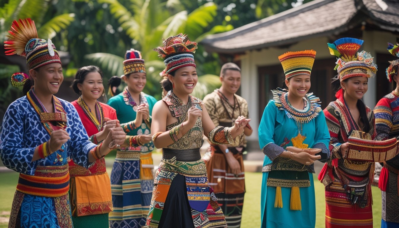 Sekelompok orang dari berbagai suku di Indonesia mengenakan pakaian adat tradisional berwarna-warni di luar ruangan dengan latar belakang alam tropis dan bangunan tradisional.