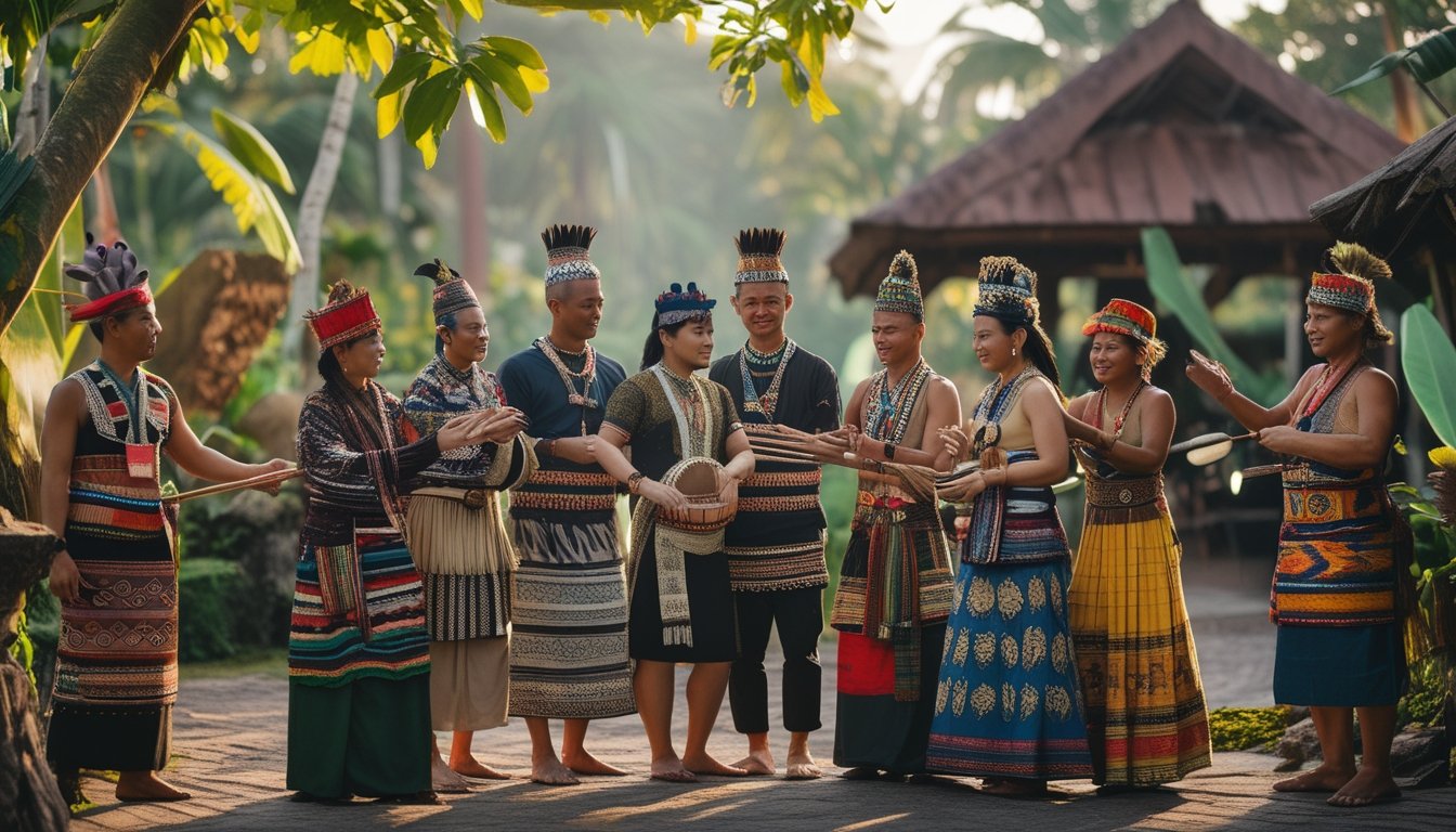 Sekelompok orang Indonesia mengenakan pakaian adat berbagai suku, berkumpul di luar ruangan dengan latar belakang alam tropis, menunjukkan kebudayaan dan tradisi bersama.