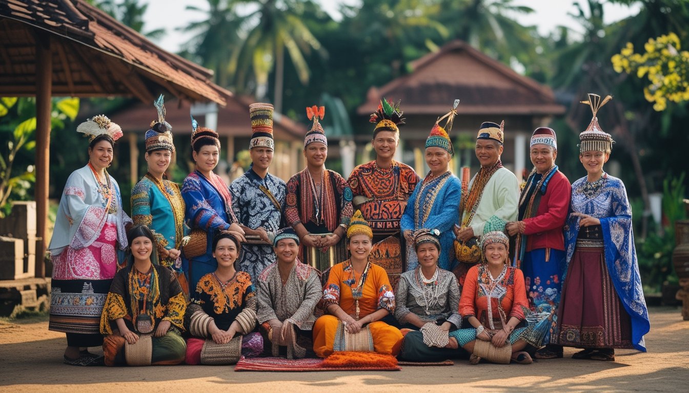 Sekelompok orang dari berbagai suku di Indonesia mengenakan pakaian adat tradisional, berkumpul di luar ruangan dengan latar alam dan rumah tradisional, menunjukkan keberagaman budaya.