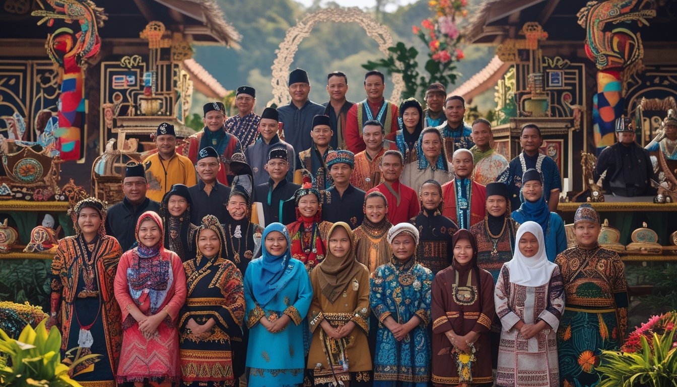 Sekelompok orang dengan pakaian adat berbagai suku di Indonesia sedang mengikuti upacara tradisional di luar ruangan.