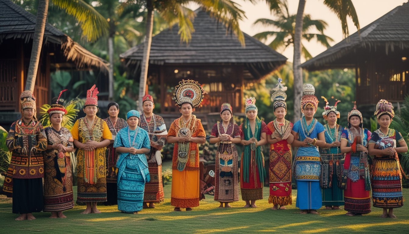 Sekelompok orang dari berbagai suku di Indonesia mengenakan pakaian adat tradisional sedang mengikuti upacara sakral di lingkungan luar yang alami.