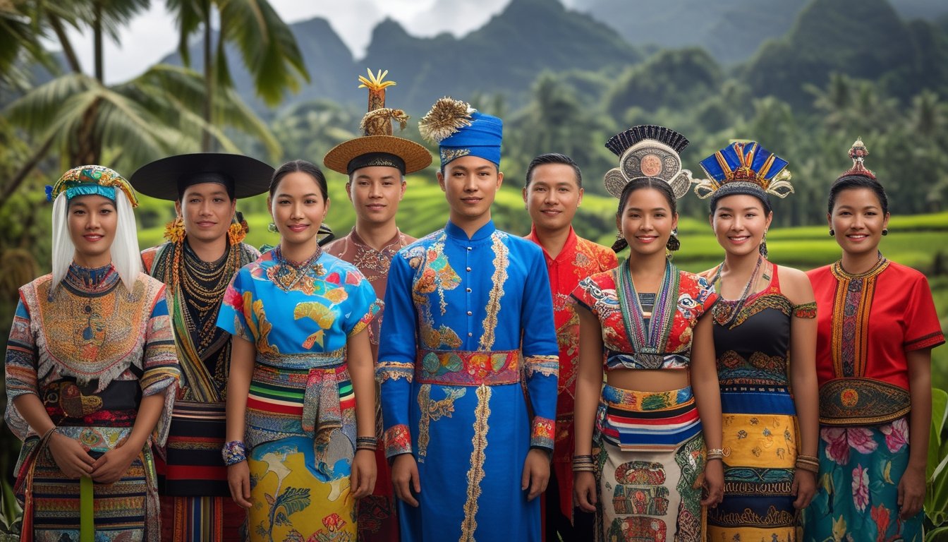 Sekelompok orang dari berbagai suku di Indonesia mengenakan pakaian tradisional khas daerah masing-masing, berdiri bersama dengan latar belakang pemandangan alam dan budaya Indonesia.