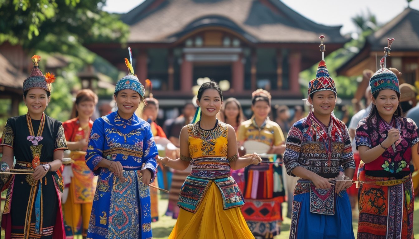 Sekelompok orang Indonesia mengenakan pakaian tradisional dari berbagai suku sedang beraktivitas dalam festival budaya di luar ruangan.