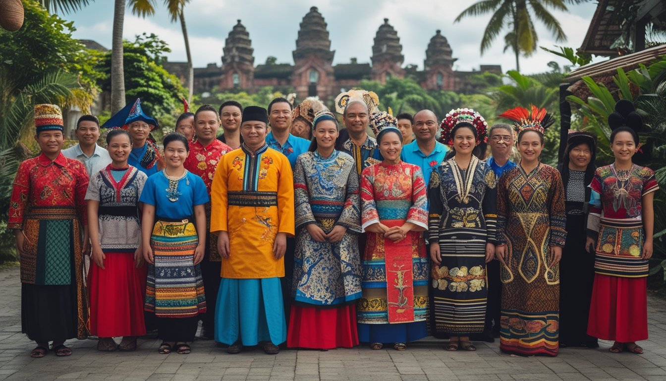 Sekelompok orang mengenakan pakaian tradisional dari berbagai suku bangsa di Indonesia berdiri bersama di luar ruangan dengan latar belakang alam tropis dan landmark Indonesia.