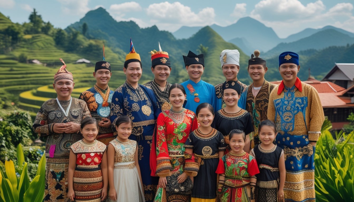 Sekelompok orang Indonesia dari berbagai suku bangsa mengenakan pakaian tradisional yang berbeda, berdiri bersama di luar ruangan dengan latar pemandangan alam tropis dan rumah tradisional.