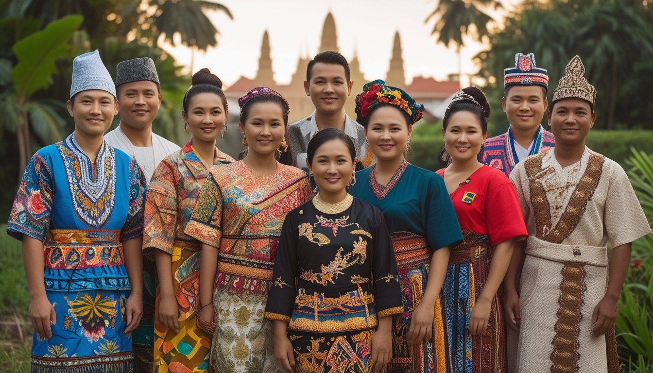Sekelompok orang dari berbagai suku di Indonesia mengenakan pakaian adat tradisional berdiri bersama di luar ruangan dengan latar belakang alam dan bangunan khas Indonesia.