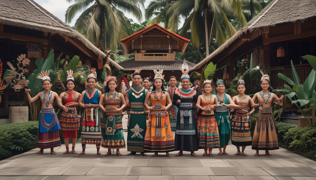 Sekelompok orang dari berbagai suku di Indonesia mengenakan pakaian adat tradisional sedang melakukan aktivitas budaya di luar ruangan dengan latar belakang alam tropis dan bangunan tradisional.