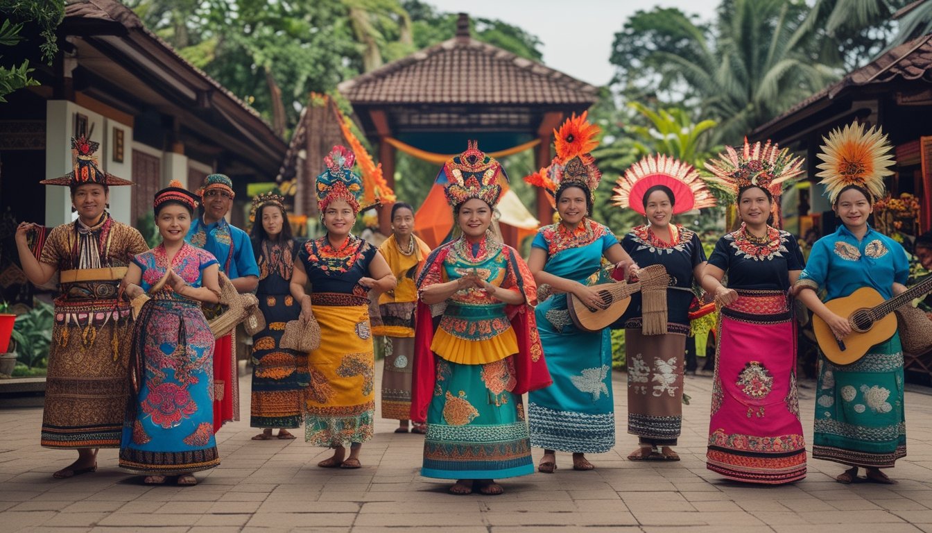 Sekelompok orang Indonesia dari berbagai suku utama mengenakan pakaian adat tradisional dengan latar belakang alam tropis dan bangunan khas Indonesia.