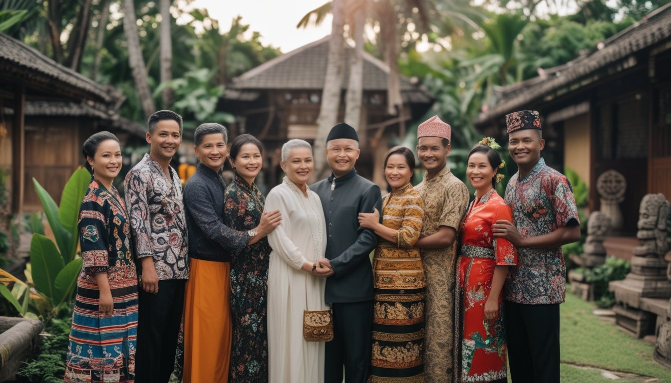 Sekelompok orang Indonesia dari berbagai suku besar mengenakan pakaian tradisional, berdiri bersama di luar ruangan dengan latar belakang alam tropis dan rumah adat.