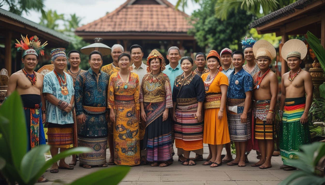 Sekelompok orang Indonesia dari berbagai suku utama mengenakan pakaian tradisional berwarna-warni sedang berkumpul di luar ruangan dengan latar belakang rumah tradisional dan pepohonan hijau.