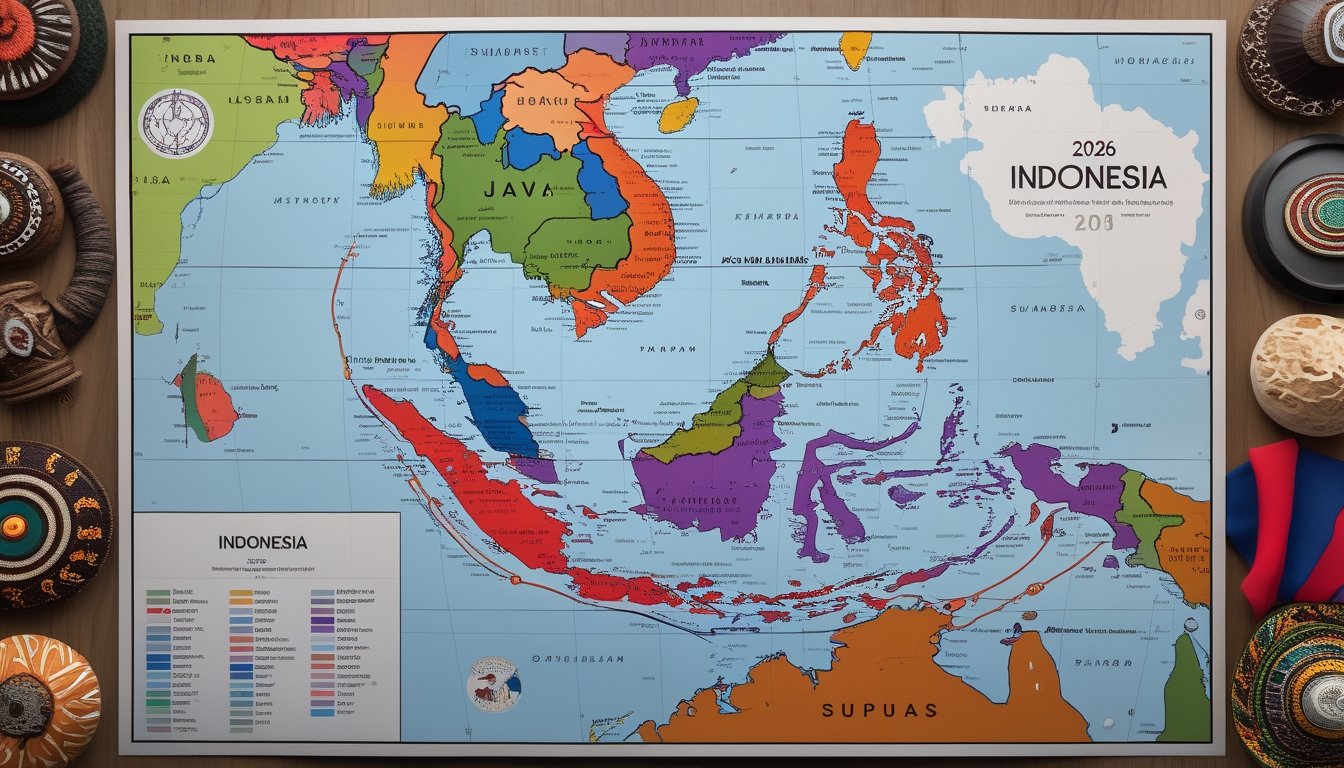 Peta Indonesia yang menunjukkan persebaran suku-suku di berbagai wilayah dengan latar belakang motif budaya tradisional.