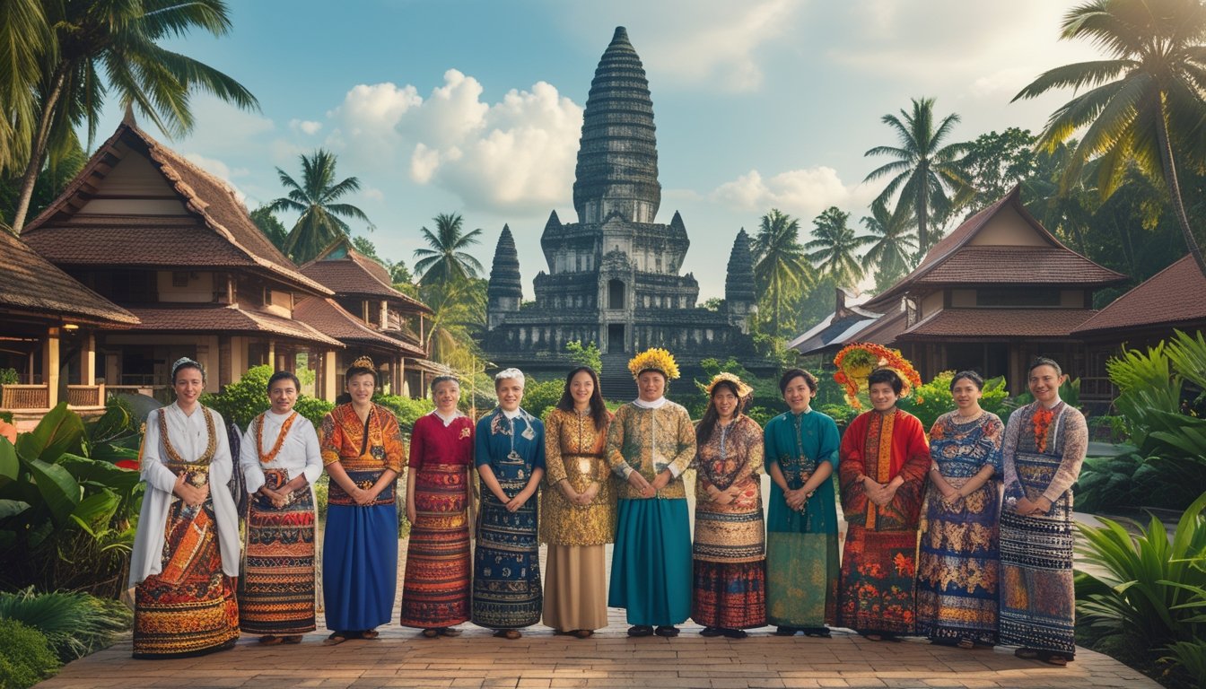 Sekelompok orang dari berbagai suku di Indonesia mengenakan pakaian tradisional sedang berkumpul di luar ruangan dengan latar belakang alam tropis dan bangunan khas Indonesia.