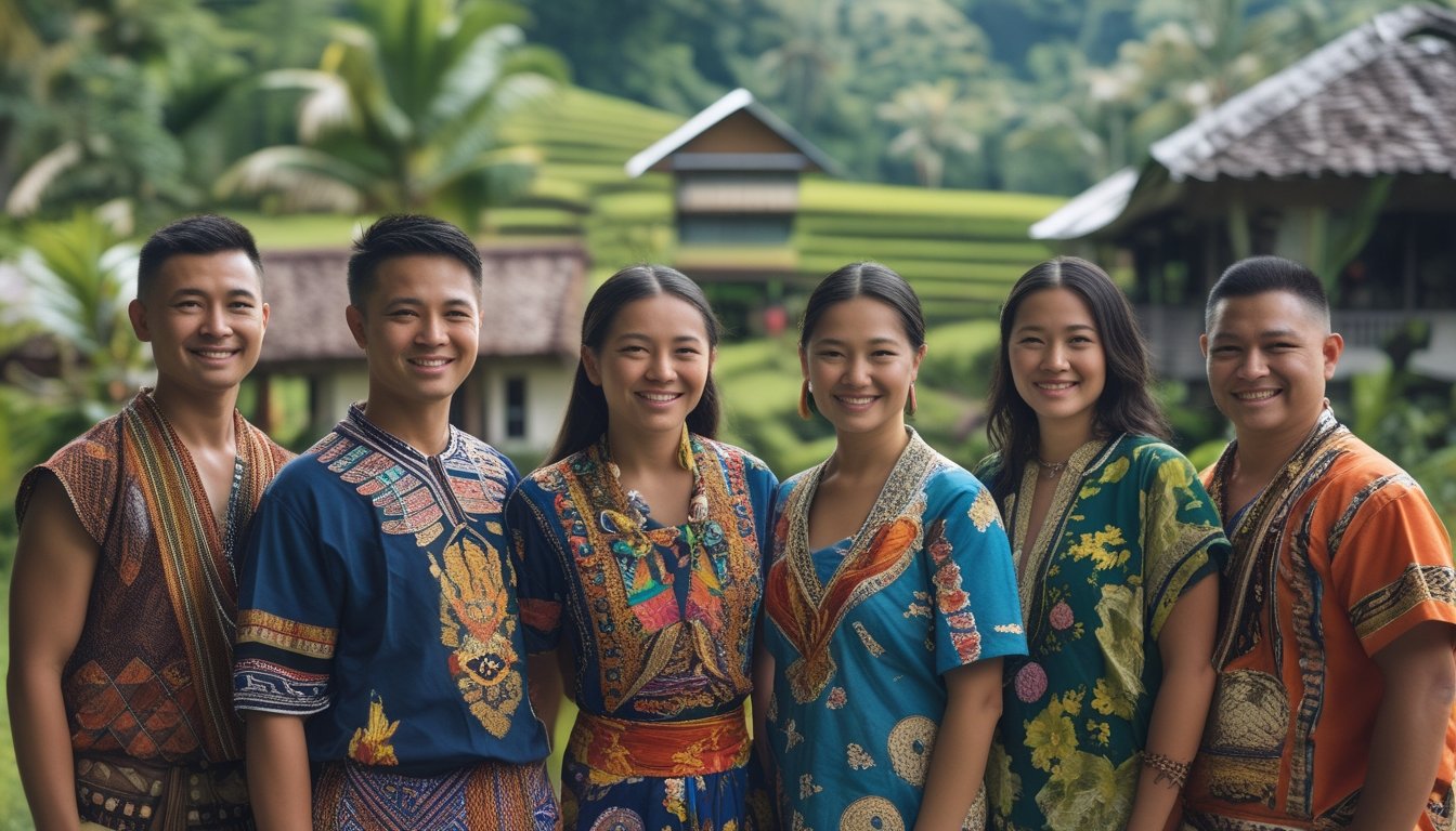 Sekelompok orang Indonesia dari berbagai suku bangsa mengenakan pakaian adat tradisional berdiri bersama di luar ruangan dengan latar pemandangan alam tropis dan rumah tradisional.