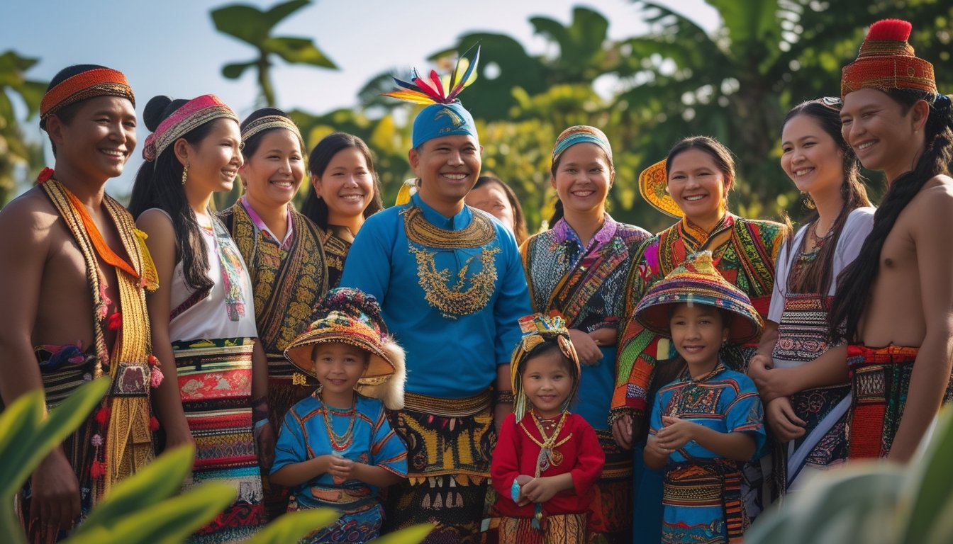Sekelompok orang Indonesia dari berbagai suku bangsa mengenakan pakaian adat berwarna-warni berkumpul di luar ruangan dengan latar belakang tanaman tropis dan langit biru.