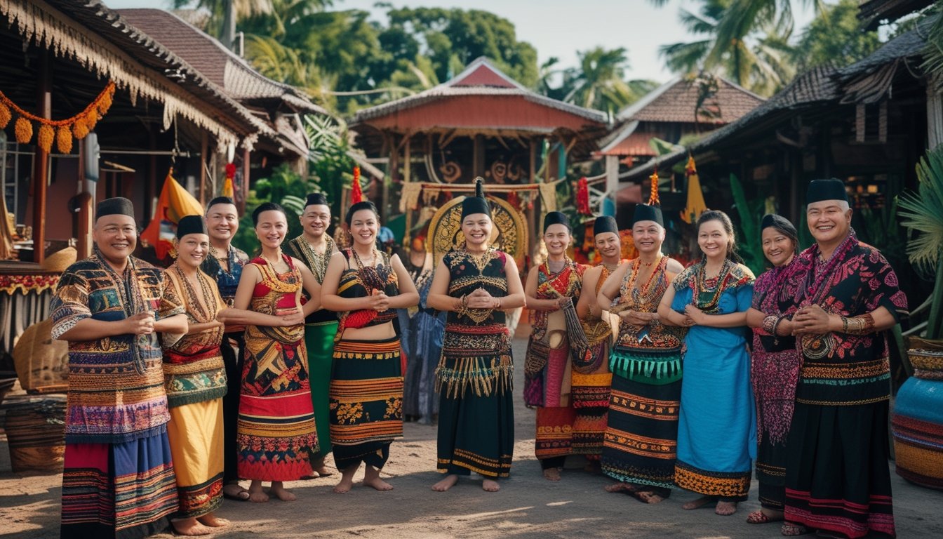 Sekelompok orang Indonesia dari berbagai suku mengenakan pakaian tradisional sedang berkumpul di luar ruangan dengan latar pemandangan tropis dan elemen budaya seperti rumah adat dan alat musik.