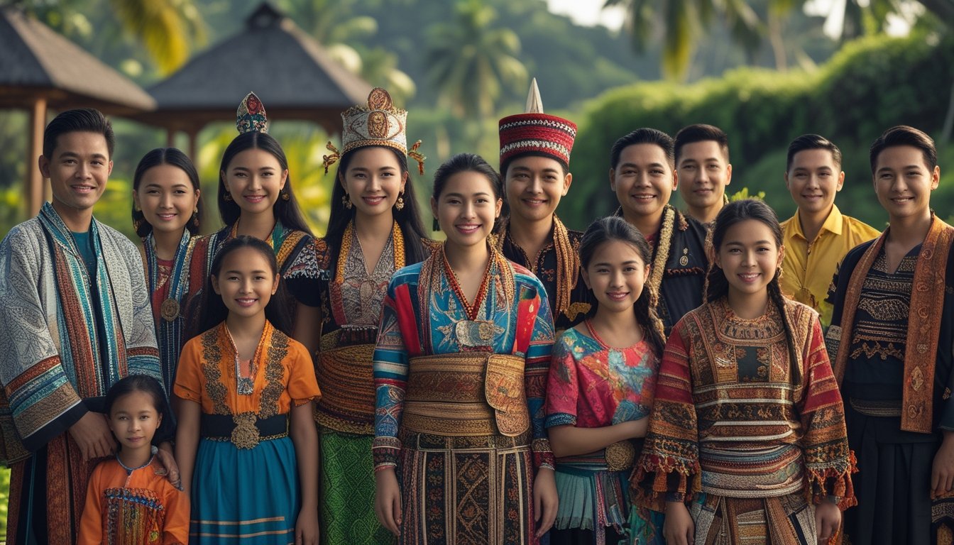 Sekelompok orang Indonesia dari berbagai suku dengan pakaian tradisional berdiri di luar ruangan dengan latar belakang alam tropis dan rumah adat.