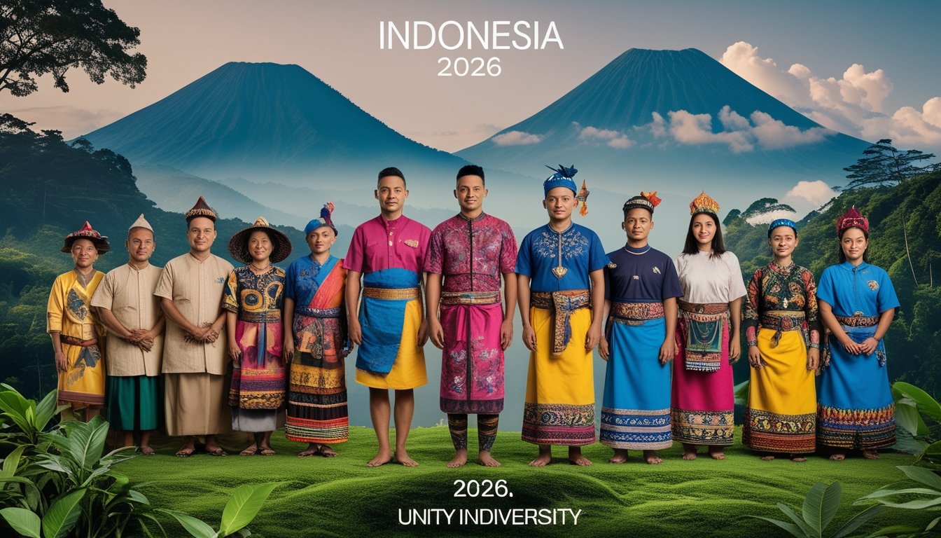 Sekelompok orang dari berbagai suku di Indonesia mengenakan pakaian tradisional dari Sumatera, Jawa, Kalimantan, Sulawesi, dan Papua berdiri bersama dengan latar belakang pemandangan alam khas masing-masing pulau.