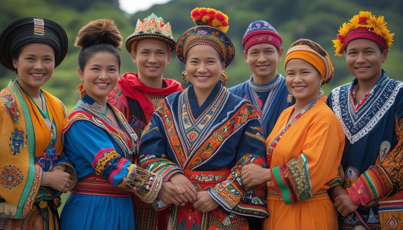 Sekelompok orang dari berbagai suku di Indonesia mengenakan pakaian tradisional dari Pulau Sumatera, Jawa, Kalimantan, Sulawesi, dan Papua berpose bersama di luar ruangan.