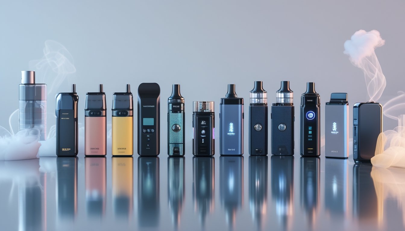 Berbagai perangkat vapor modern populer tahun 2026 ditata rapi di atas permukaan reflektif dengan latar belakang kabut uap yang samar.