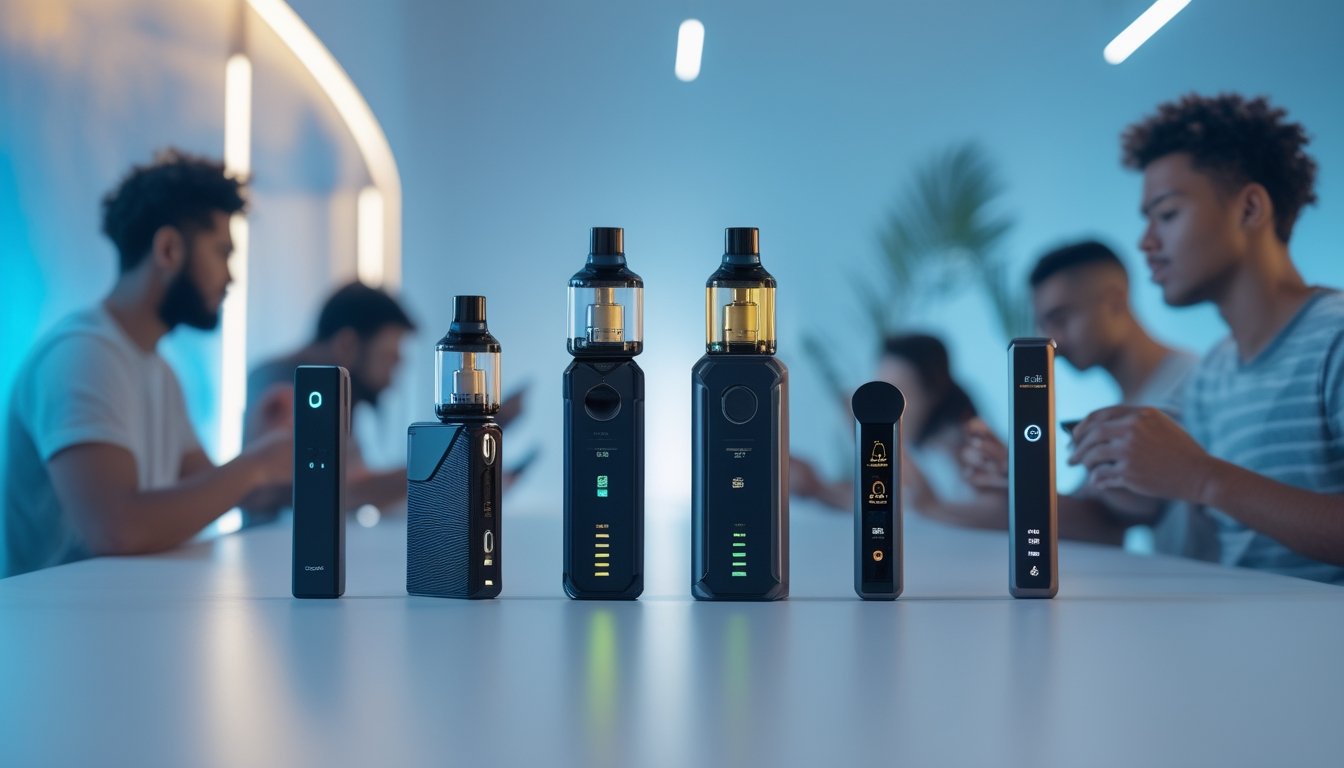 Beberapa perangkat vape modern terbaru tahun 2026 dengan desain futuristik dan orang-orang muda sedang menggunakannya.