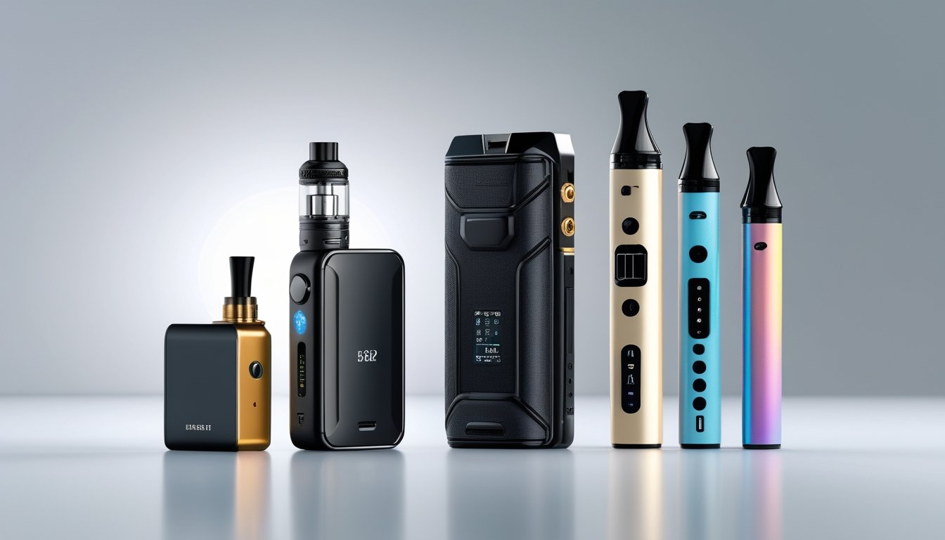 Berbagai jenis perangkat vapor terbaru tahun 2026, termasuk pod, mod, dan disposable, ditata rapi di atas permukaan bersih.