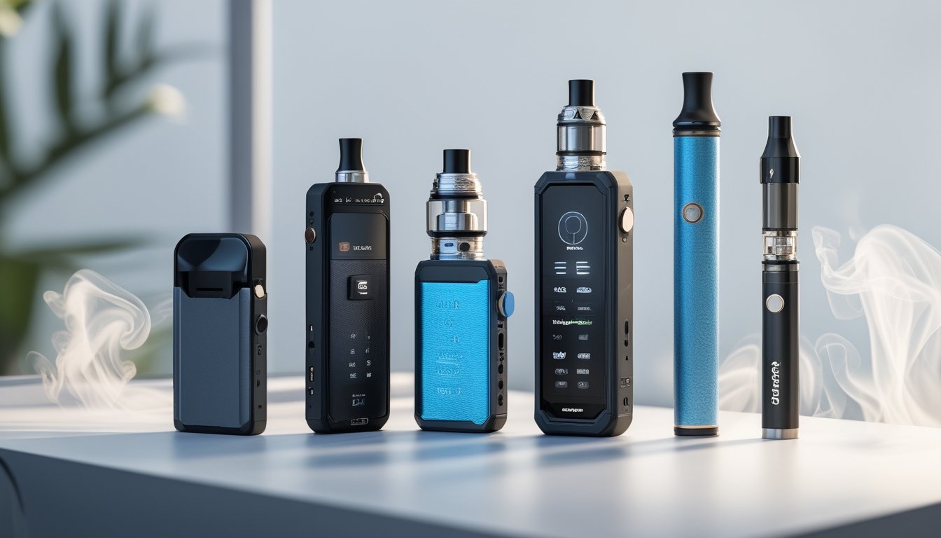 Beberapa perangkat vapor modern seperti pod, mod, dan vape sekali pakai yang disusun rapi di atas permukaan putih dengan latar belakang kabur dan uap tipis di sekitarnya.