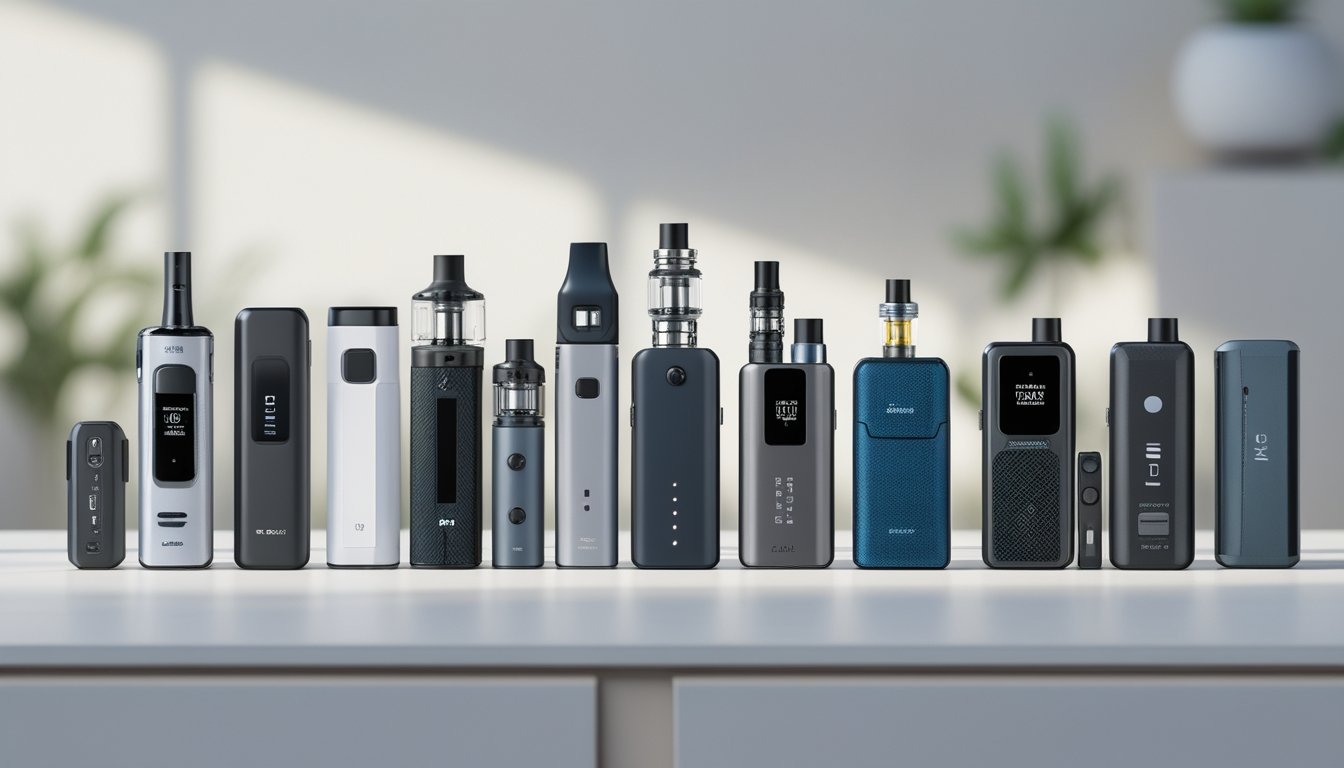 Berbagai jenis perangkat vapor modern yang disusun rapi di atas permukaan bersih dengan latar belakang minimalis.