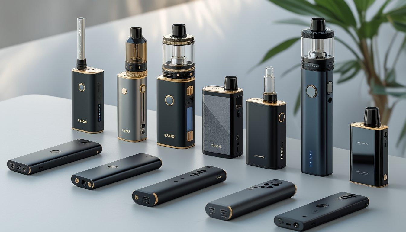 Berbagai jenis perangkat vapor modern tersusun rapi di atas permukaan terang dengan latar belakang kabur.