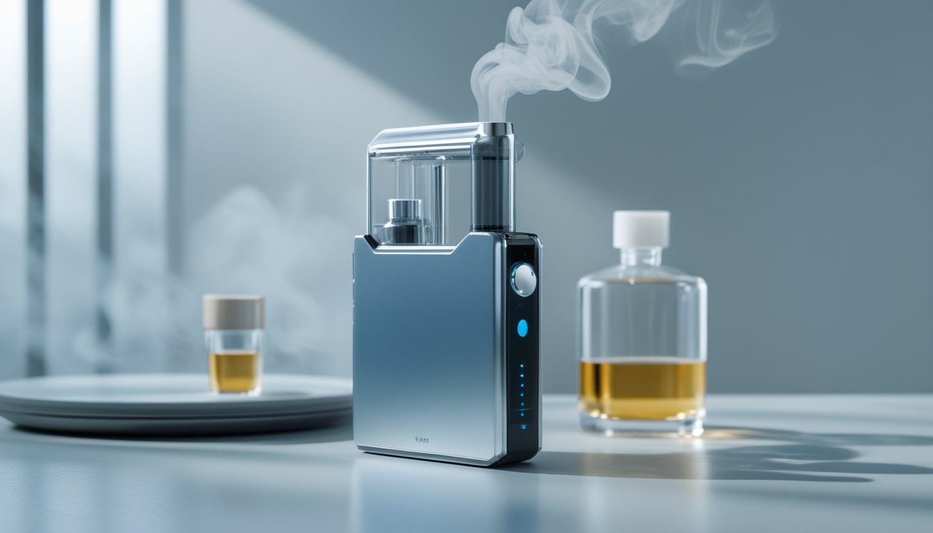 Perangkat vapor modern dengan desain futuristik di atas meja bersih, mengeluarkan uap halus dengan wadah cairan di sampingnya.