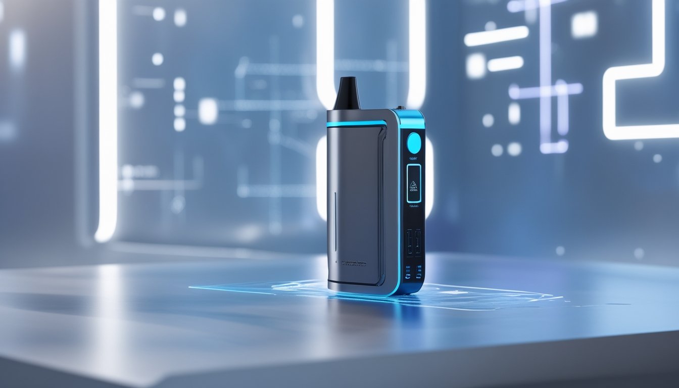 Perangkat vapor modern dengan desain futuristik diletakkan di atas permukaan minimalis, menampilkan teknologi canggih dan efisiensi cairan.