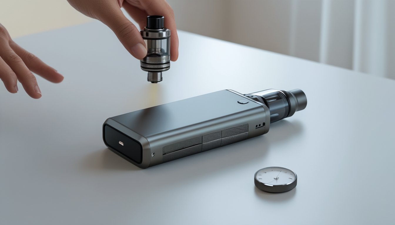 Sebuah perangkat vape modern diletakkan di atas permukaan putih dengan latar belakang buram, dikelilingi elemen yang melambangkan keawetan dan kemudahan penggunaan.