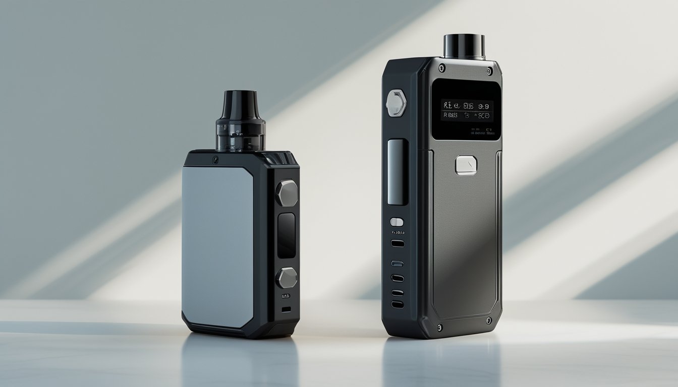 Dua perangkat vapor, satu pod system kecil dan satu box mod yang lebih besar, diletakkan berdampingan di atas permukaan putih yang bersih.