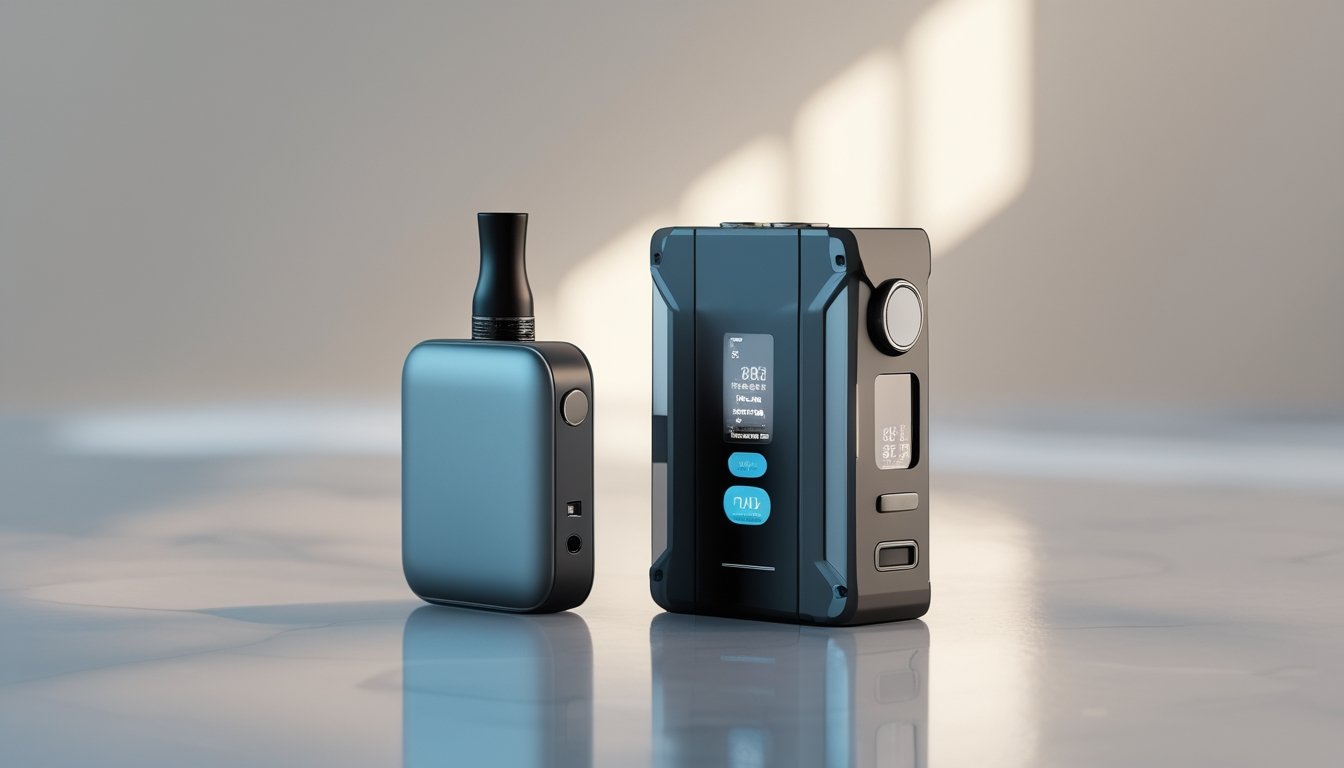 Dua perangkat vaping modern, satu pod system kecil dan satu box mod besar, diletakkan berdampingan di atas permukaan bersih dengan latar belakang buram.