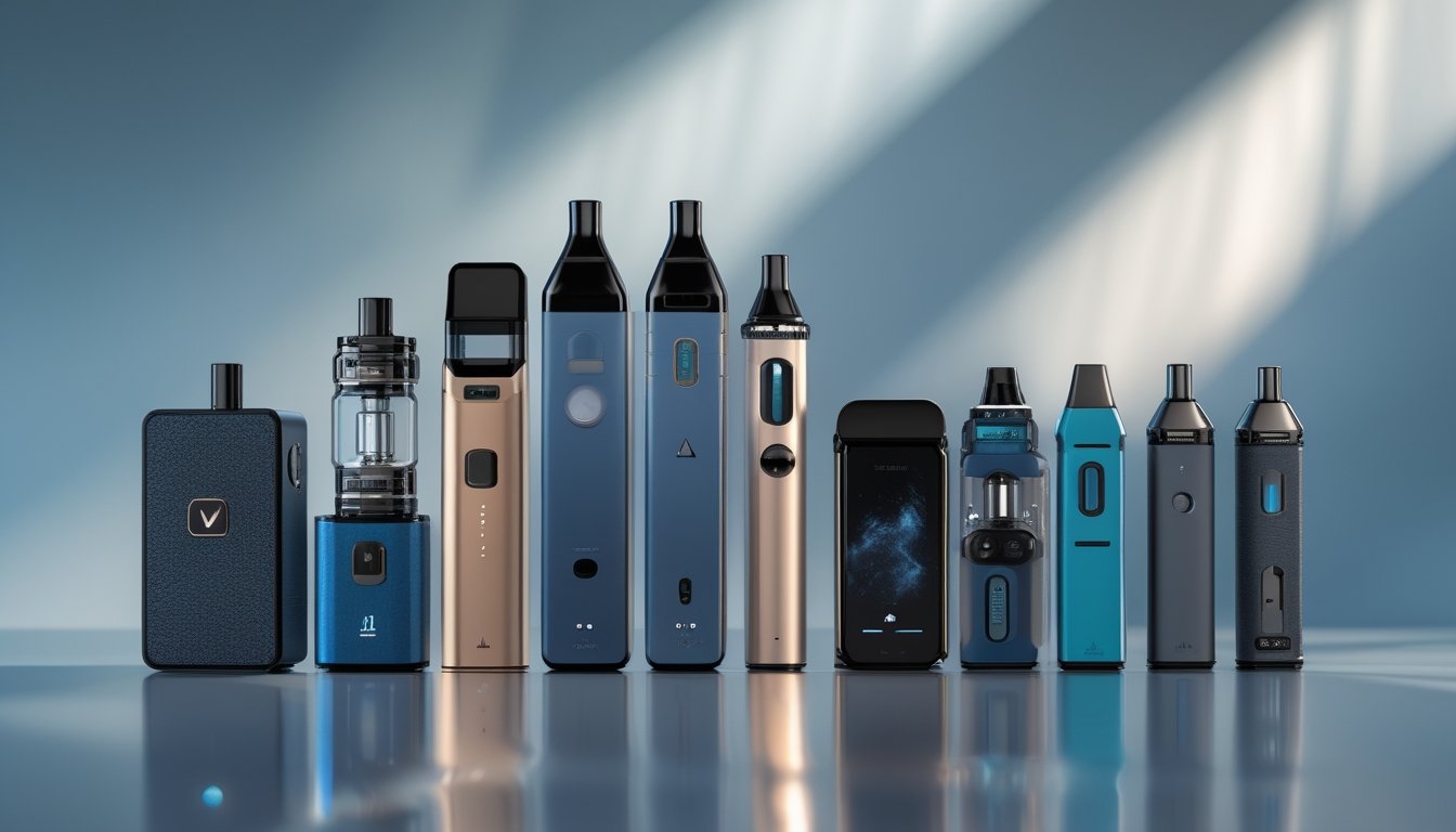 Berbagai jenis perangkat vapor modern yang tersusun rapi di atas permukaan reflektif dengan latar belakang buram.